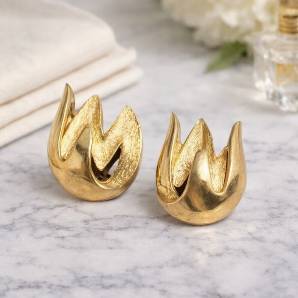 Vintage Trifari Gold Tone Clip Flame Earrings Signed